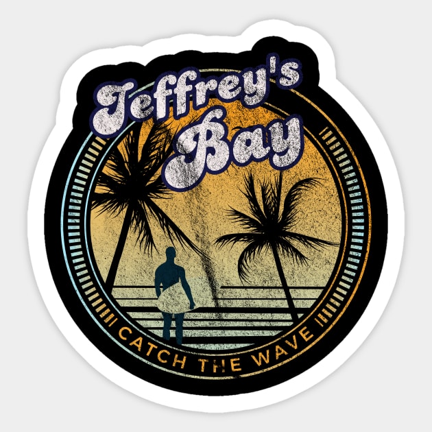 Jeffrey's Bay Catch the Wave Surfing Retro Sunset Beach product Sticker by Bluebird Moon